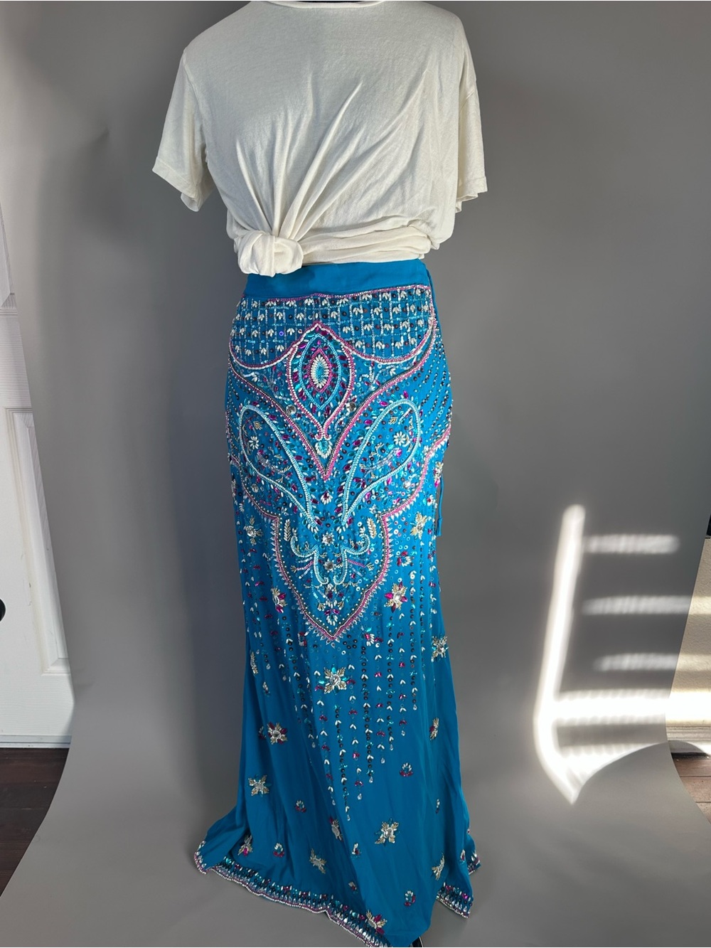 Vintage Embellished Silk Teal Maxi Skirt - Bohemian Beaded Detail